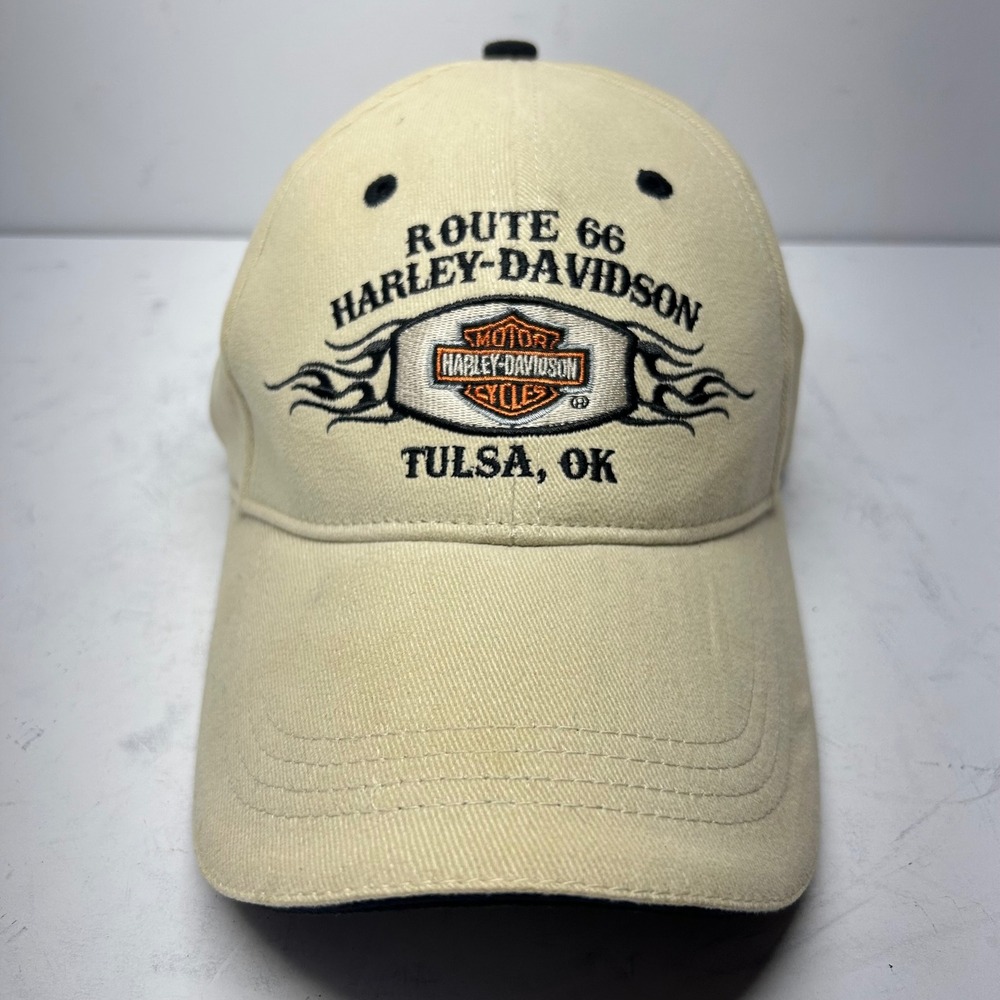 Harley-Davidson Route 66 Tulsa OK Hat Cream Mens OSFA Embroidered Biker Cap